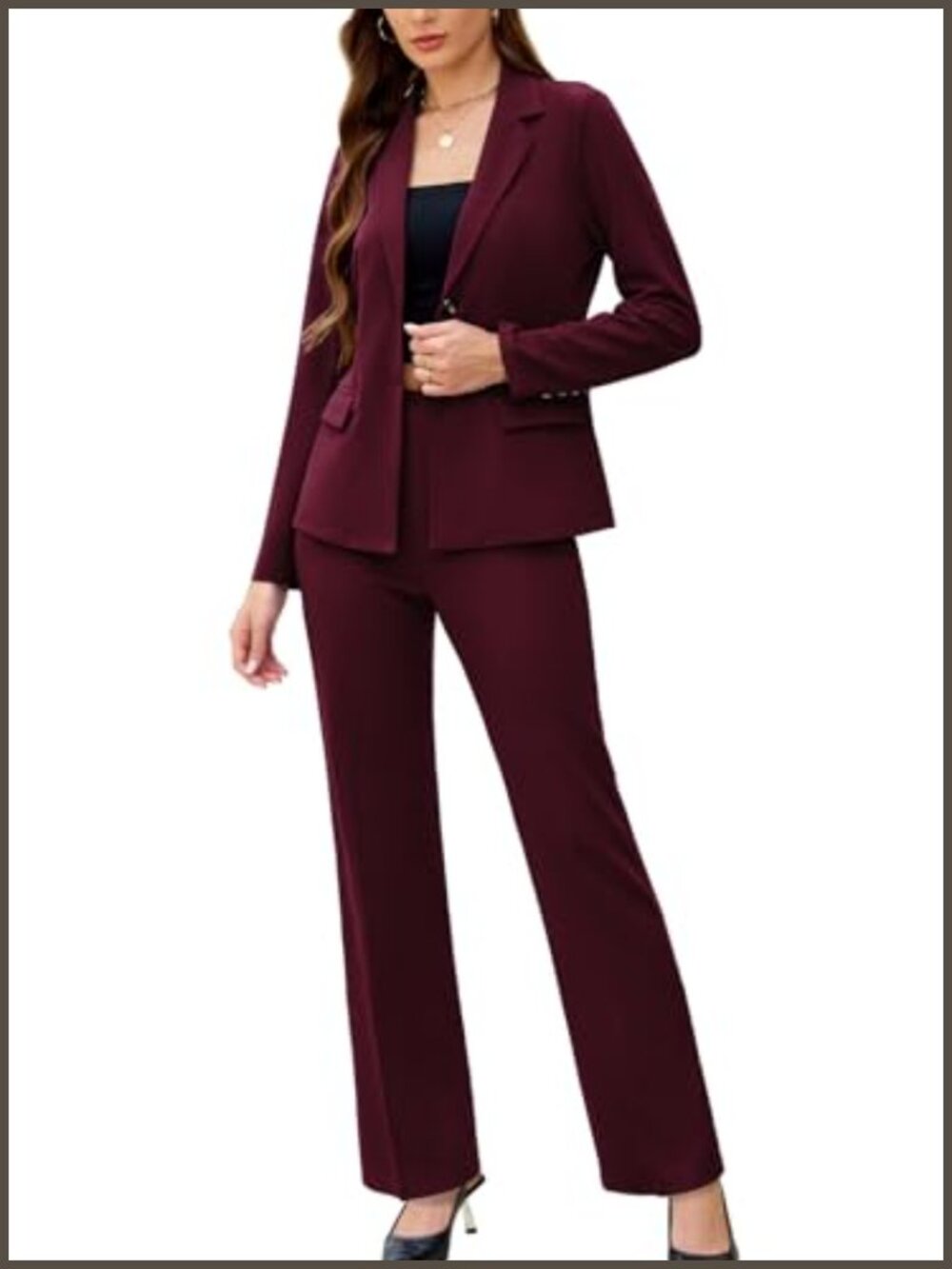 Women's 2 Piece Business Casual Pantsuit Long Sleeve Blazer & Straight Leg Pants